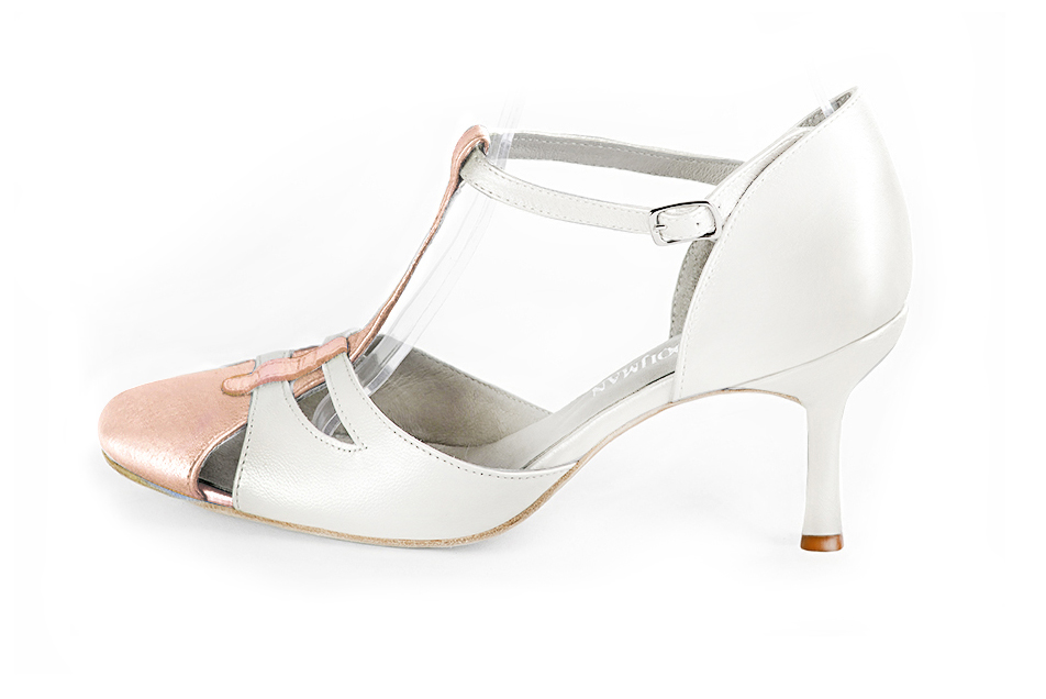 French elegance and refinement for these powder pink and pure white dress T-strap open side shoes, 
                available in many subtle leather and colour combinations. A pretty model with a comfortable "Salomé" strap and good support.
Its charming spyglass cut-out gives you plenty of scope for personalisation.  
                Matching clutches for parties, ceremonies and weddings.   
                You can customize these shoes to perfectly match your tastes or needs, and have a unique model.  
                Choice of leathers, colours, knots and heels. 
                Wide range of materials and shades carefully chosen.  
                Rich collection of flat, low, mid and high heels.  
                Small and large shoe sizes - Florence KOOIJMAN